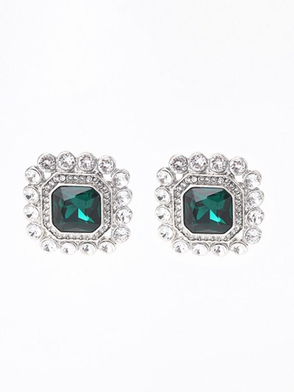 Emerald Square Halo Stud Earrings - Silver Tone 925s silver posts